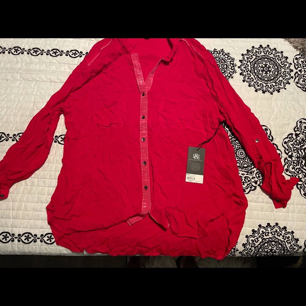 Red long sleeved button up top
